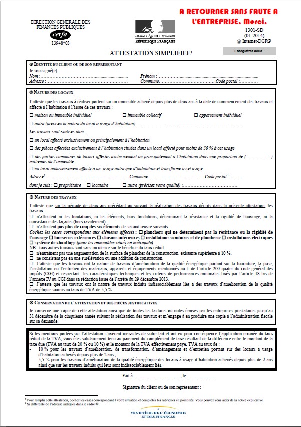 Attestation TVA simplifiée