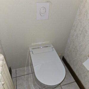 Toilettes, dit japonais, suspendues blanches avec plaque de déclenchement murale dans une salle de bain