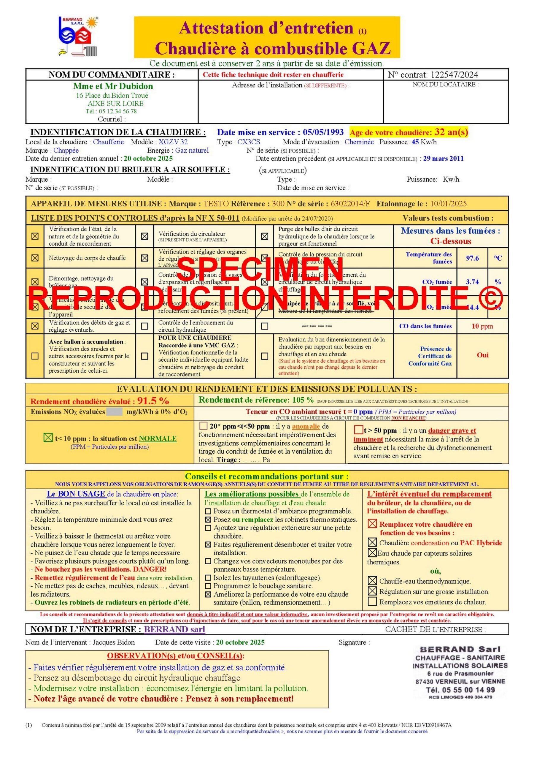 Spécimen Attestation GAZ