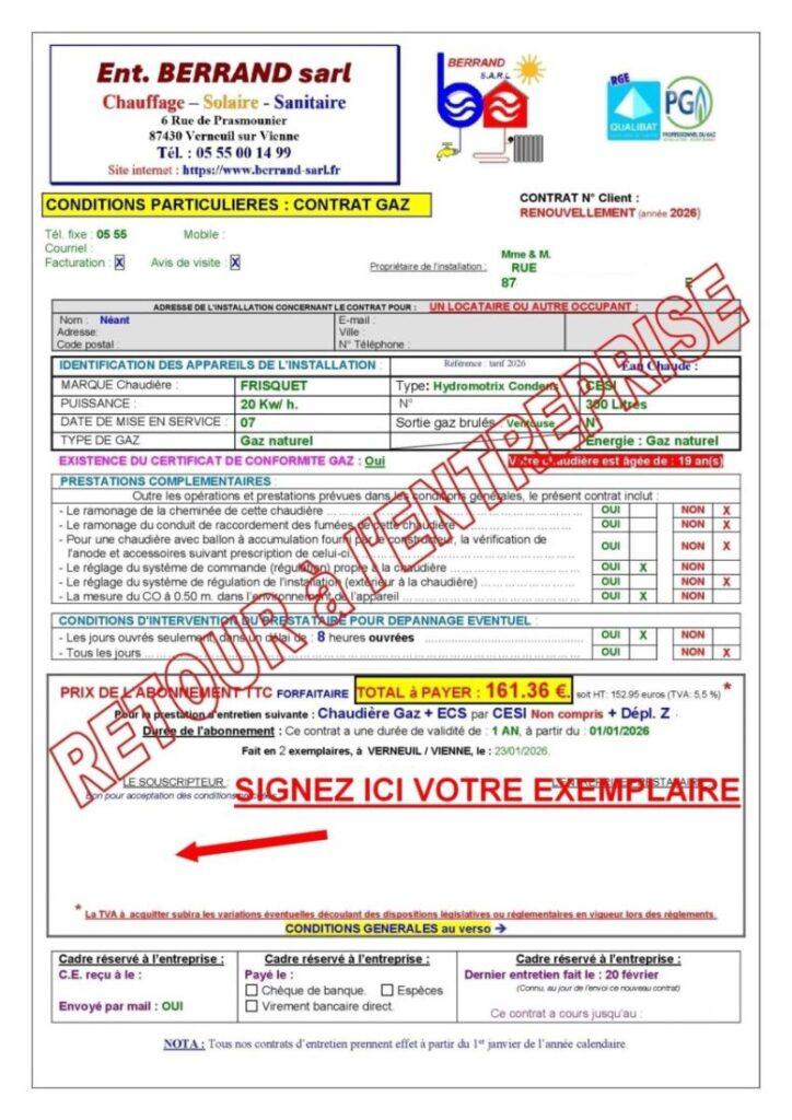 Retour contrat d'entretien