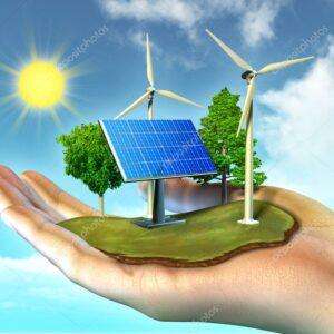 Main tenant un paysage miniature avec un panneau solaire, des éoliennes et des arbres sous un soleil éclatant
